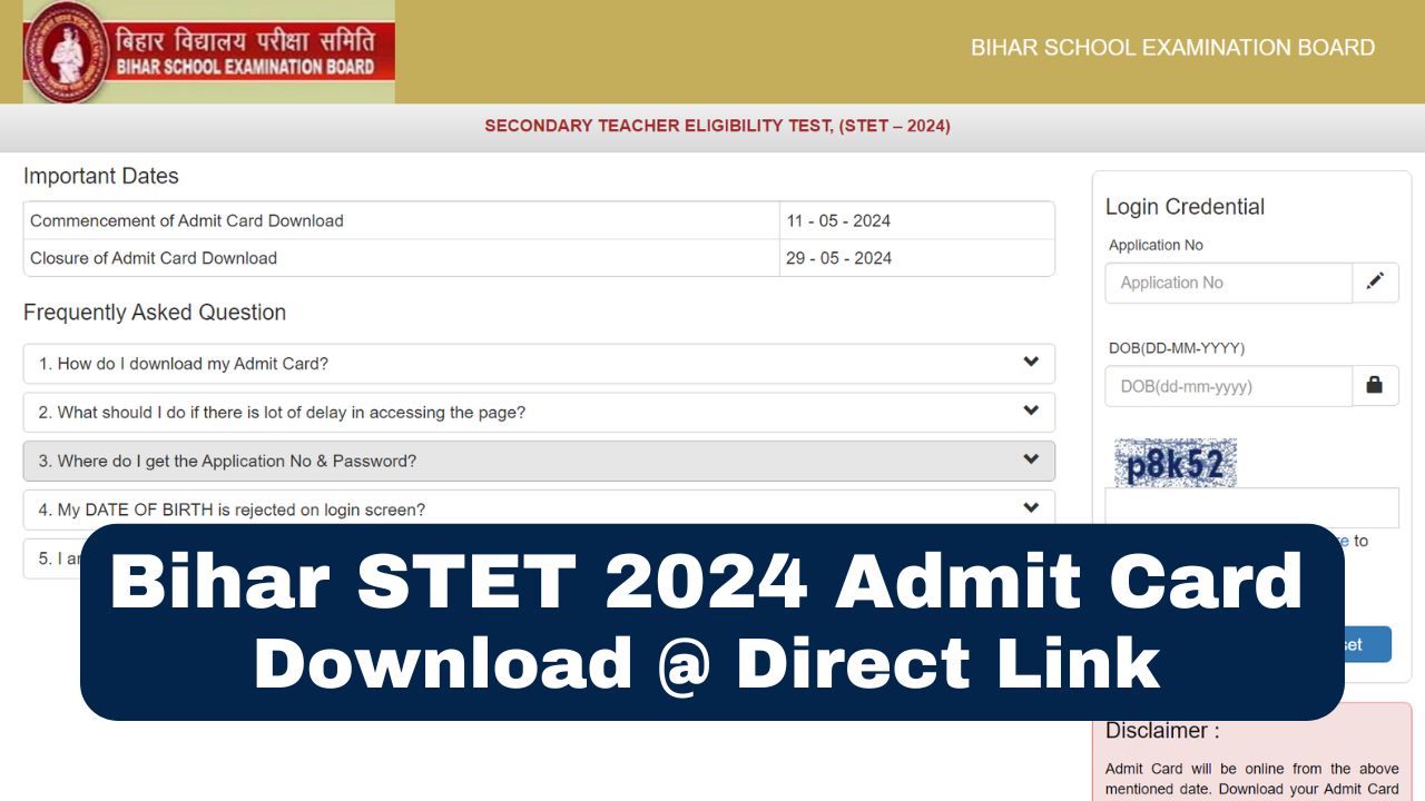 Bihar STET 2024 Admit Card Download Link @Direct Link