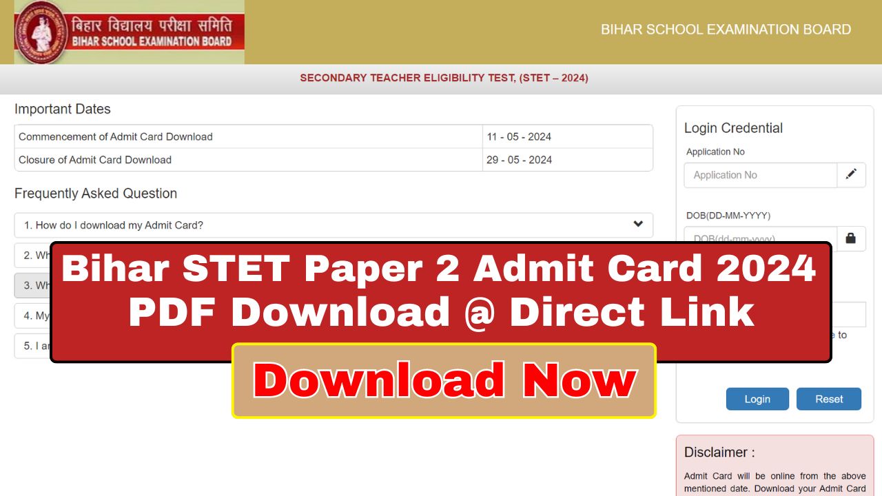 Bihar STET Paper 2 Admit Card 2024 Download Link – Bihar STET Admit Card PDF Direct Link @bsebstet2024.com